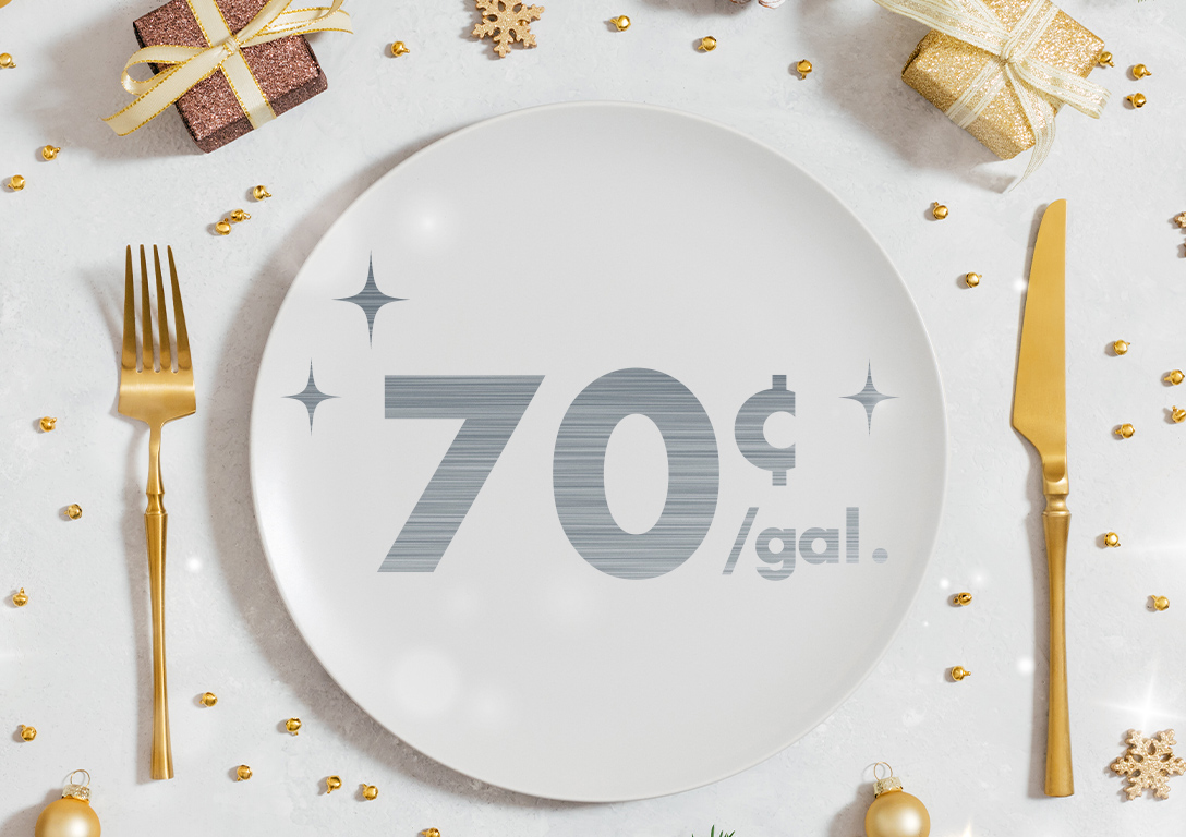 70¢ per gallon. A dimly lit restaurant table is set with plates, cutlery, napkins, and a glass of water, suggesting an evening out is now more affordable.