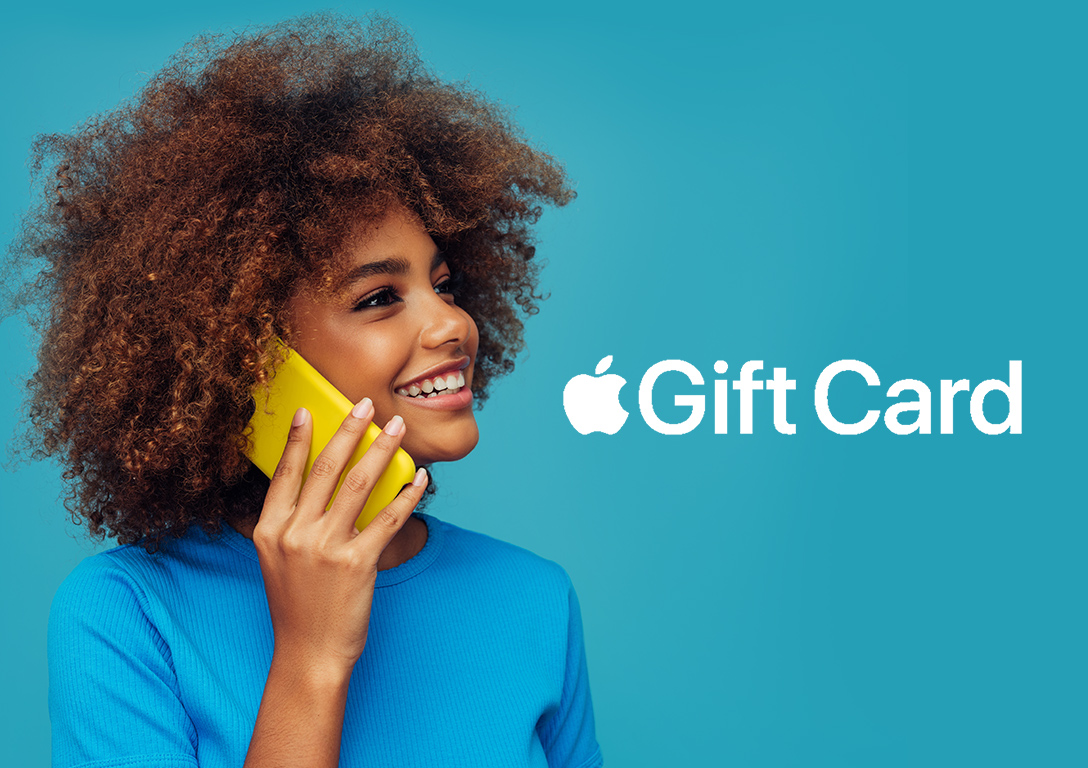 A person with curly hair holds a yellow cellphone, beside the text 'Apple Gift Card' on a bright turquoise background.